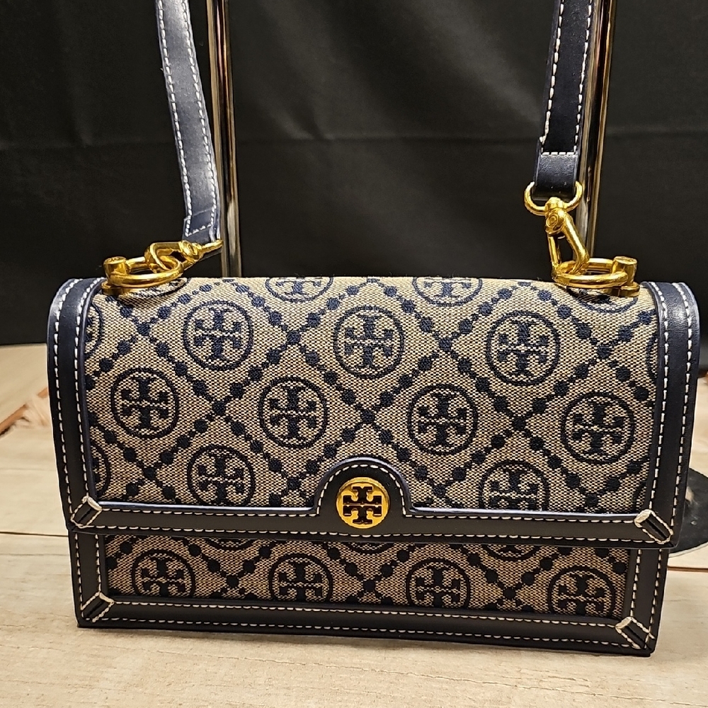 Tory Burch Navy Patterned Logo Jacquard Shoulder Bag